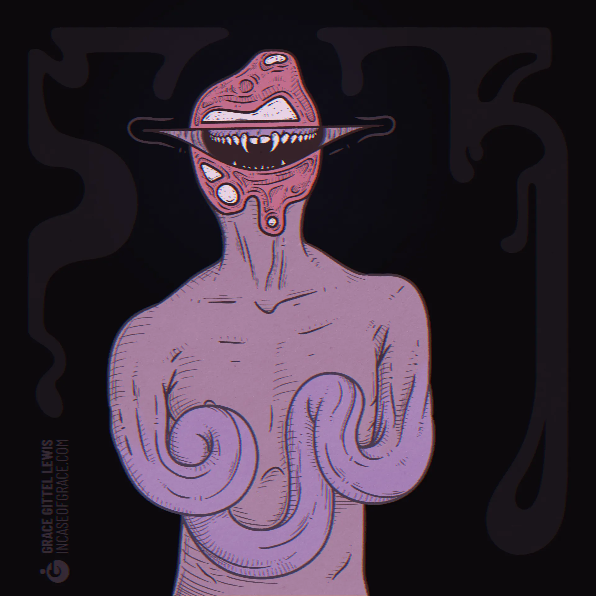 An illustration with a dark background, depicting a purple figure with blue arms that twist into a fleshy rope which connects. The figure's throat appears to be cut, revealing a wide, grinning maw that escapes the boundaries of its form.